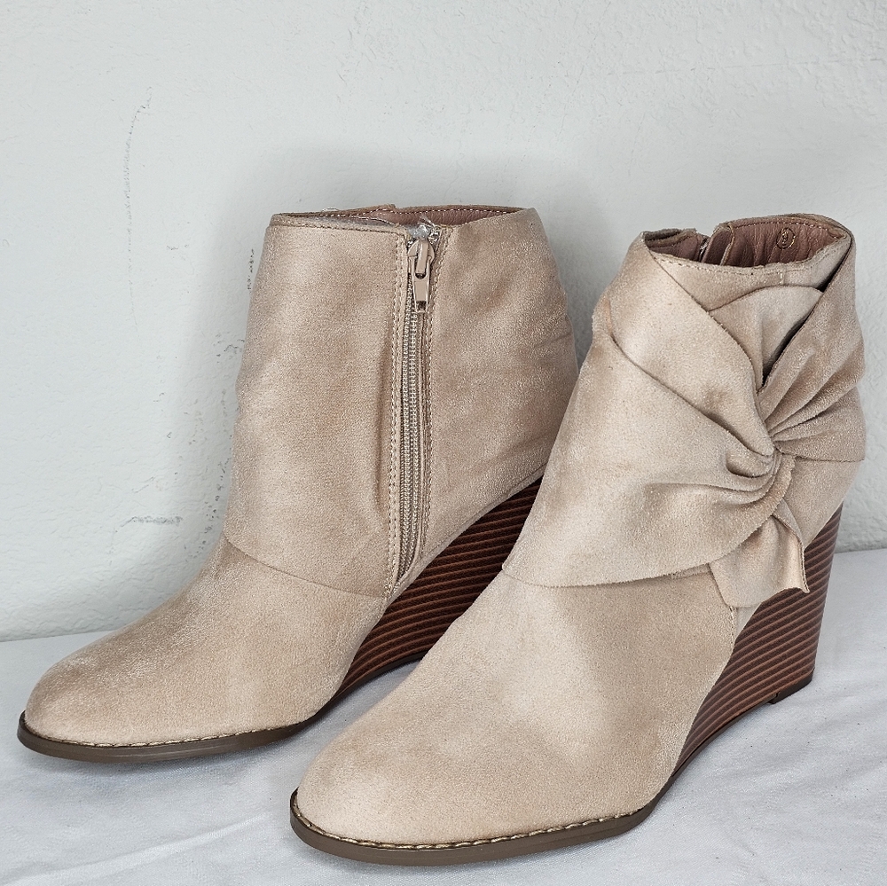 Women's Wedge Booties Ankle Heels Boots Bow Knot Stacked Heeled Size 6
